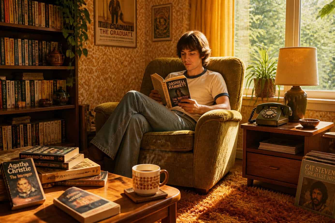 Person reading a paperback book in a cozy living room with 1970s decor during a sunny afternoon.