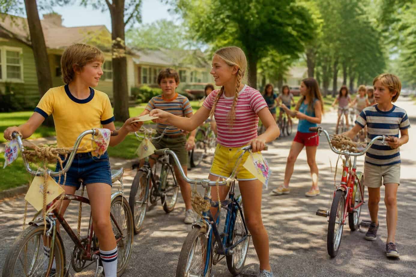 Children in 1970s clothing participating in a neighborhood bike scavenger hunt on a sunny suburban street with rope-tied bicycles.