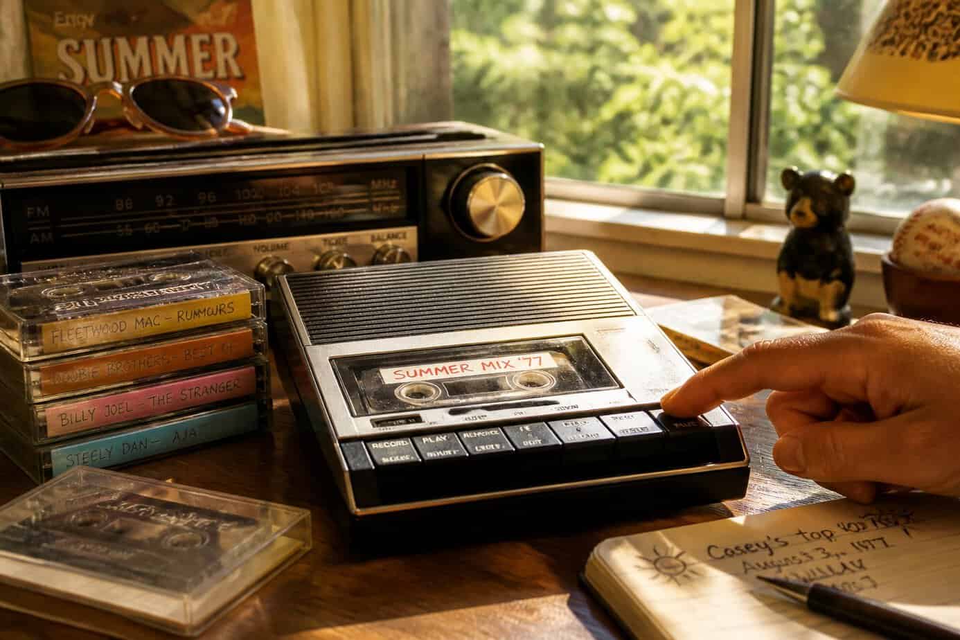 A person making a mixtape cassette from the radio using a vintage cassette recorder, pressing the pause button carefully.