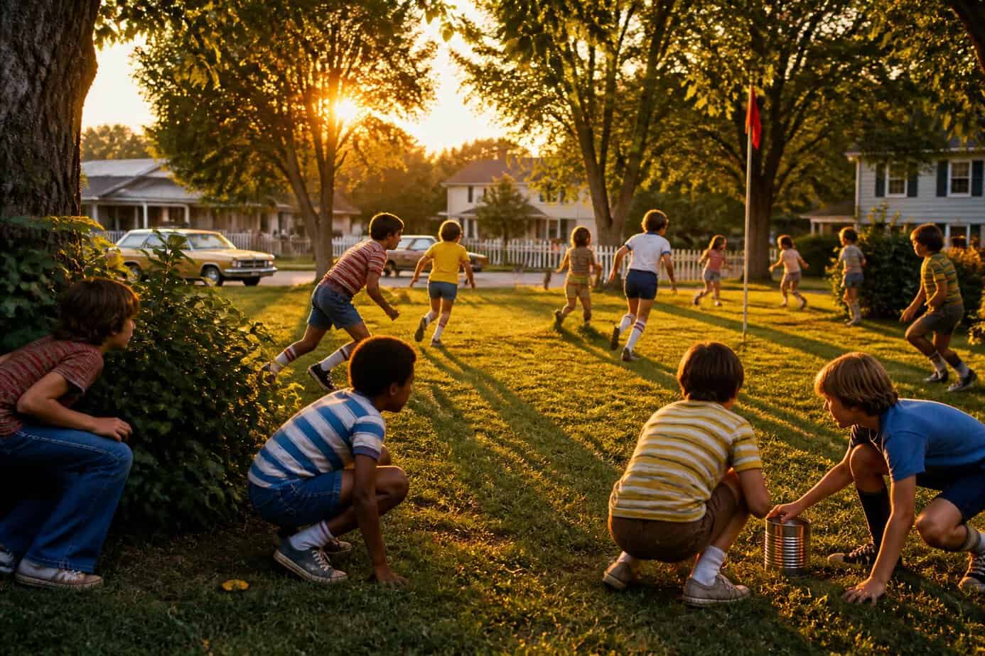 Children playing kick-the-can and capture-the-flag outdoors at sunset in a neighborhood park.