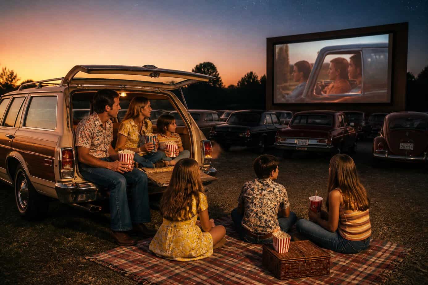 A family in a 1970s station wagon at a drive-in theater during sunset, enjoying a movie together.