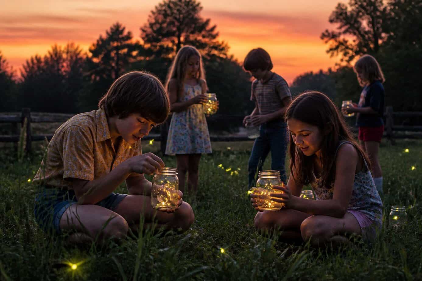 Children catching glowing fireflies in Mason jars outdoors at twilight in a green backyard.