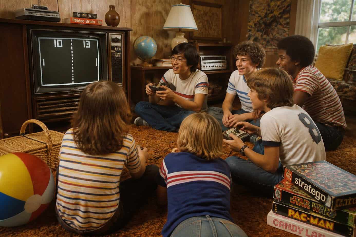 A group of children playing Atari Pong together indoors during summer vacation in the 1970s.