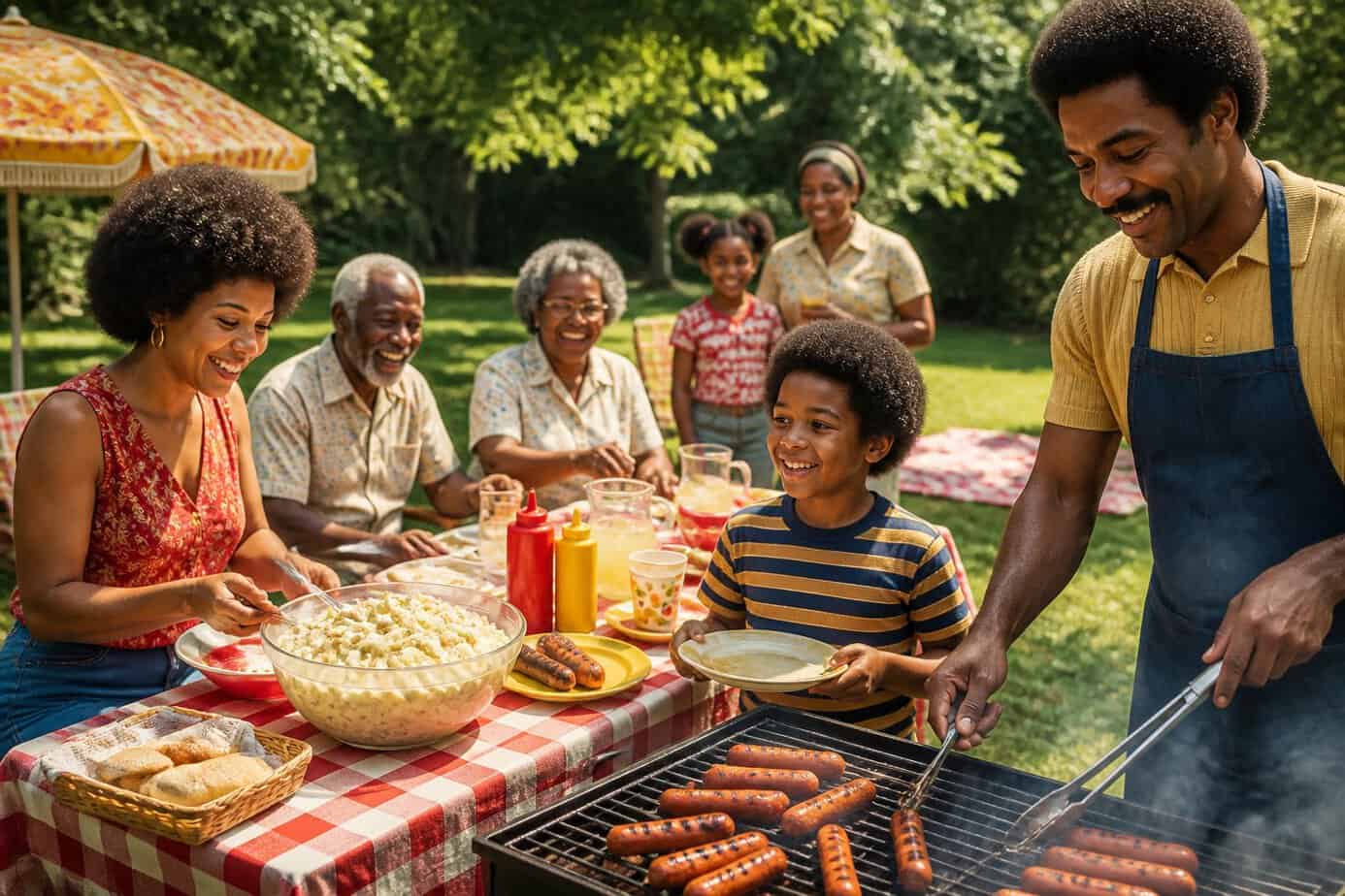 Family enjoying a sunny outdoor barbecue with potato salad and grilled hot dogs in a backyard.