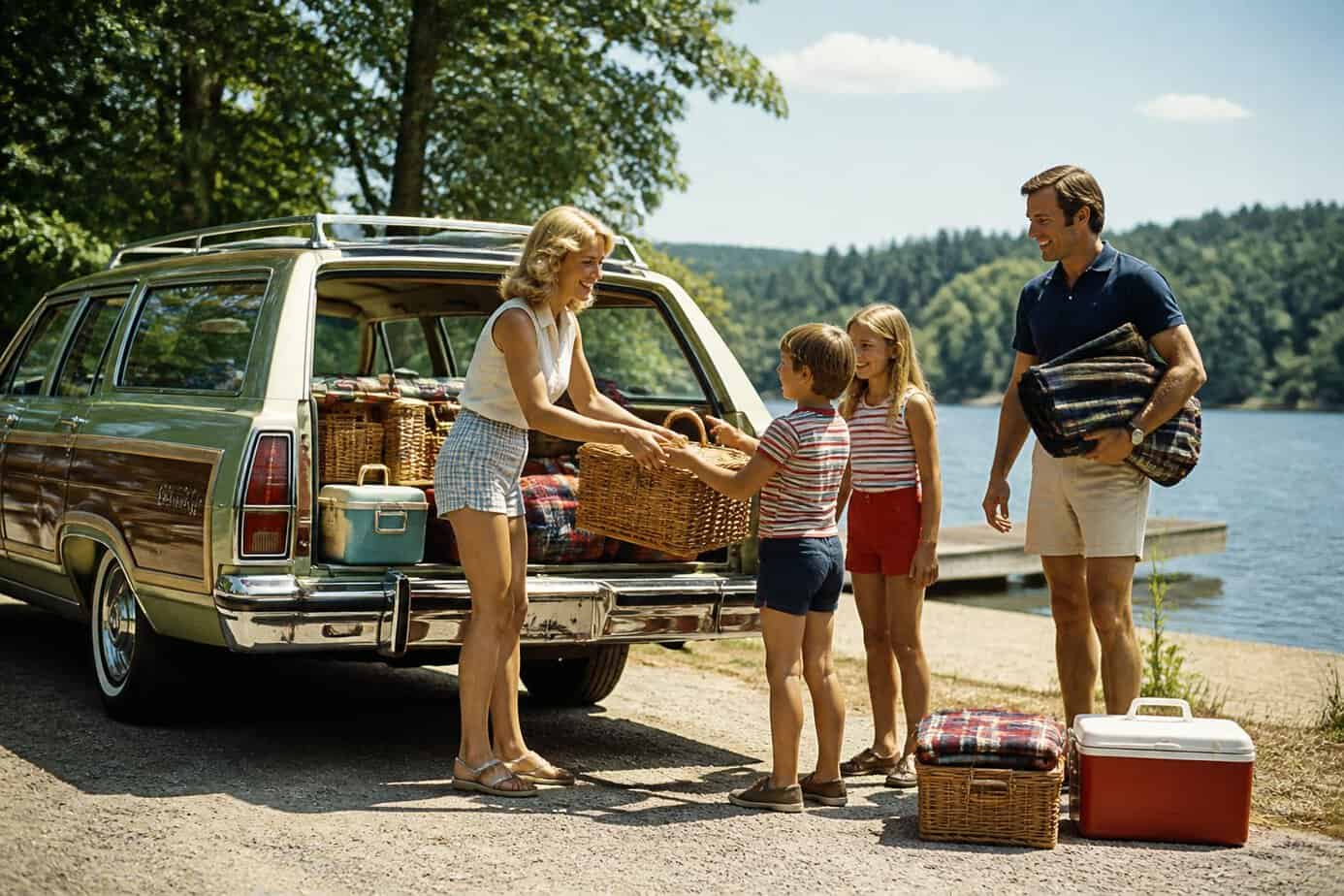 A family unloading a wood-paneled station wagon packed with picnic supplies by a sunny lakeside.