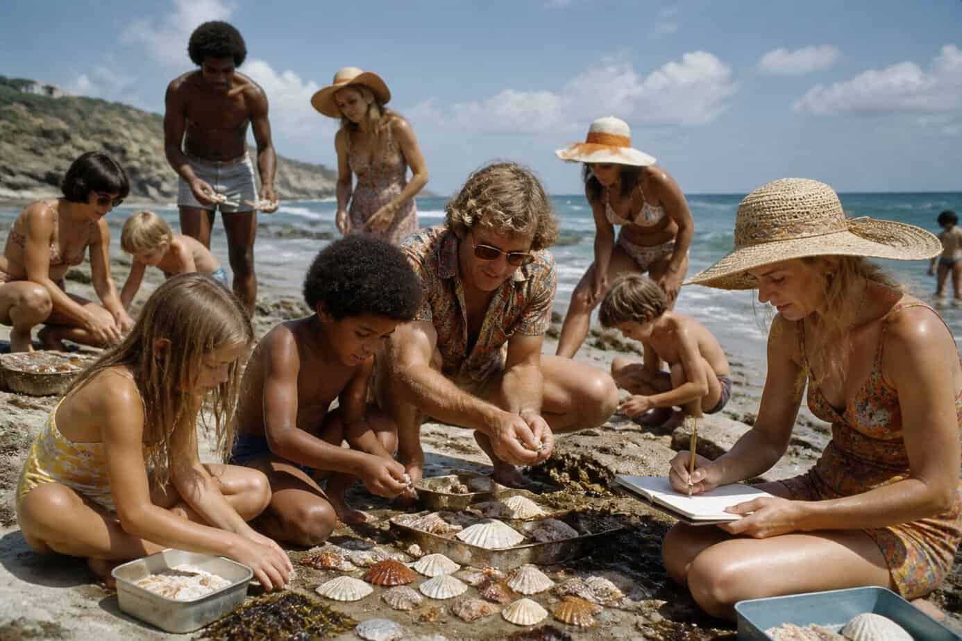 People collecting and examining sea shells on a sunny beach shore.