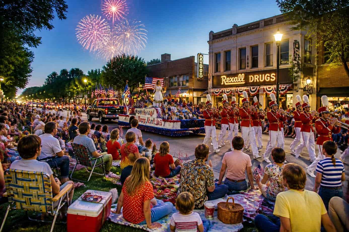 Families and friends gathered along a small-town street watching a Fourth of July parade with vintage floats and fireworks beginning at dusk.