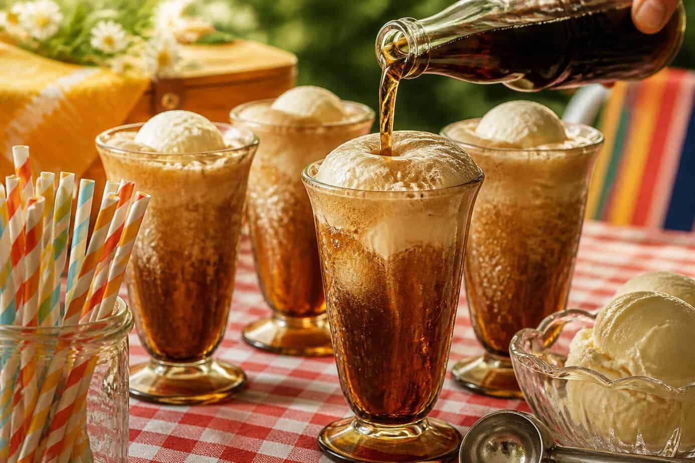 Close-up of root beer floats being made in vintage glassware on a sunny table with ice cream and soda.