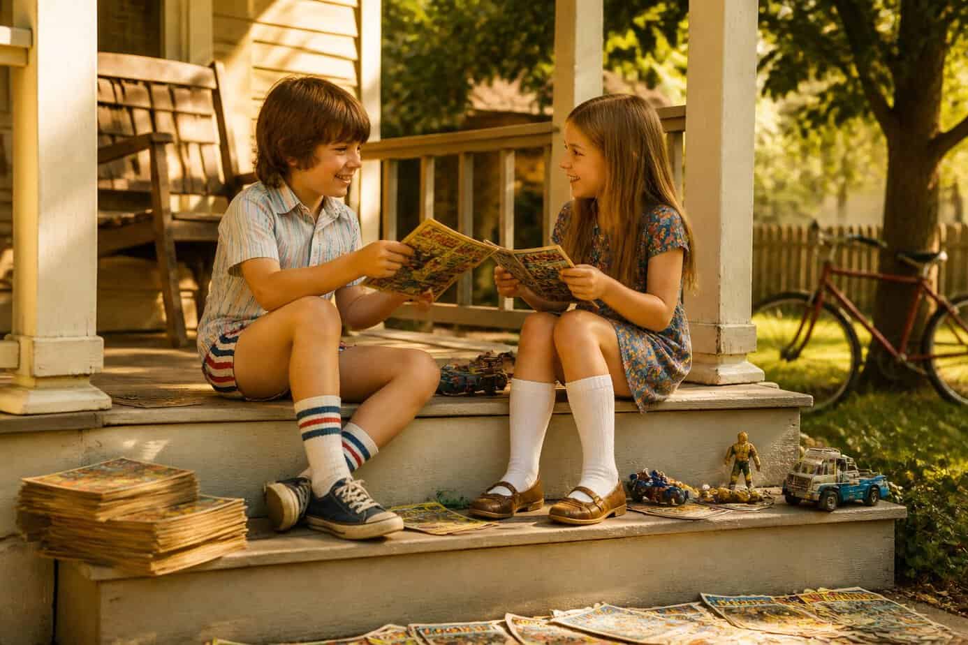 Two children trading comic books while sitting on the front porch steps of a suburban house on a sunny summer afternoon.