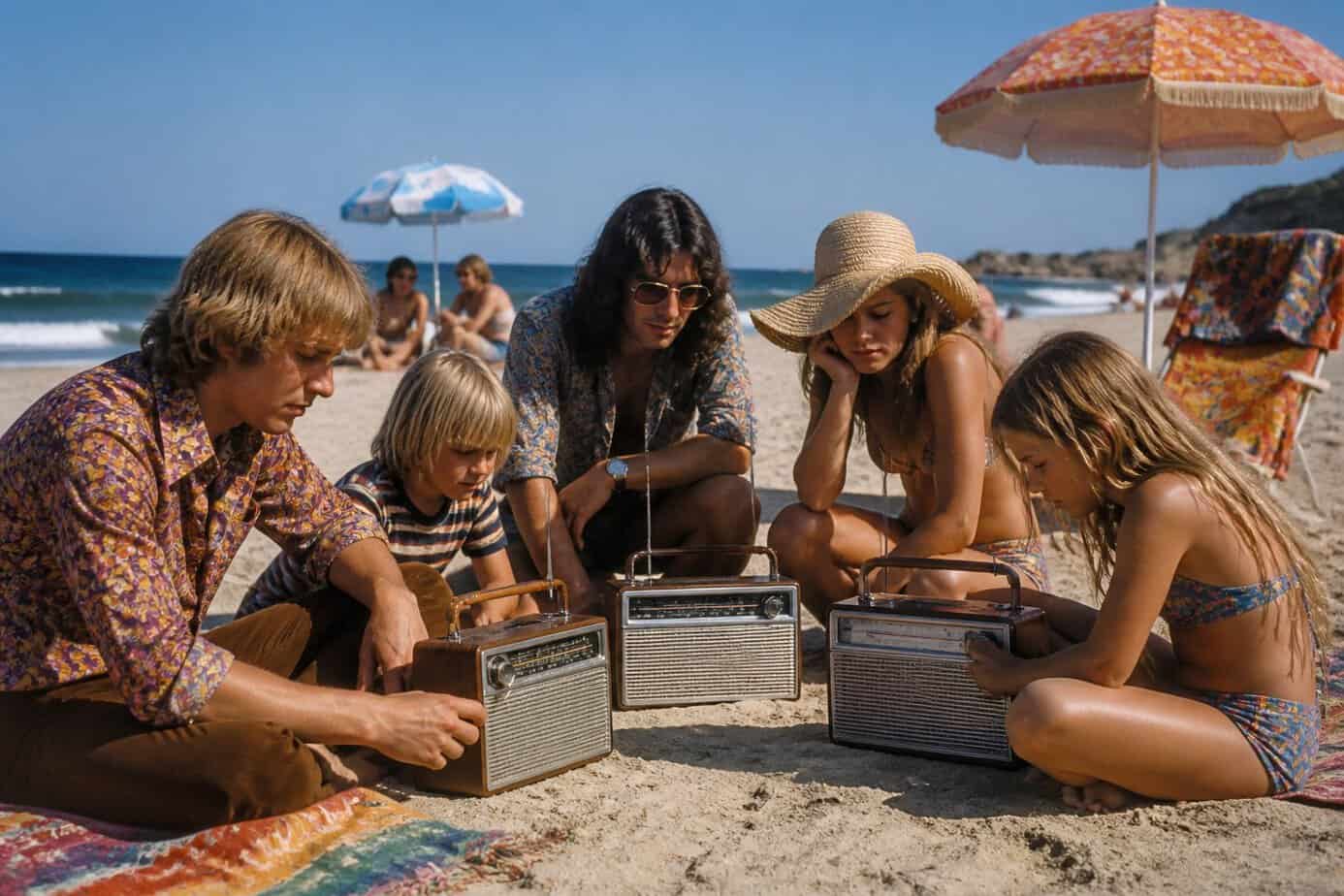 People on a sandy beach in 1970s clothing listening to vintage transistor radios near the ocean.