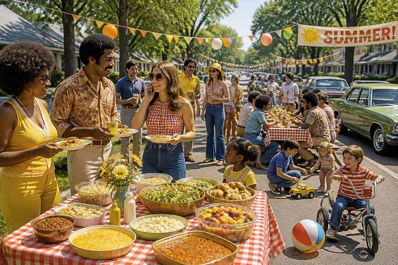 People of all ages enjoying a sunny neighborhood block party with potluck dishes on picnic tables and children playing nearby.
