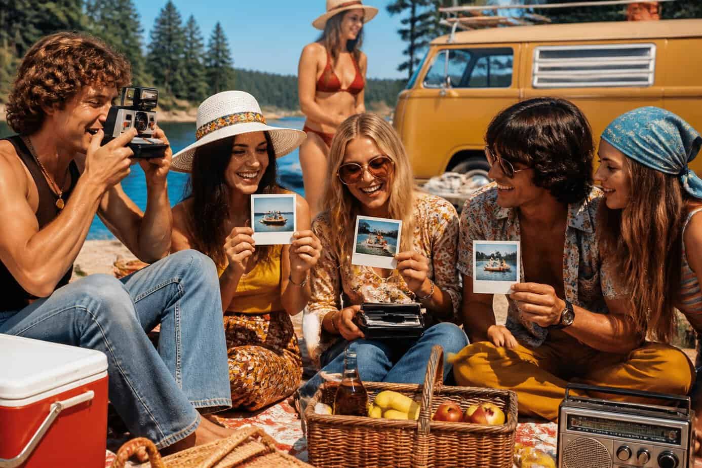 A group of people outdoors on a sunny summer day using vintage Polaroid cameras to take instant photos at a beach or picnic area.