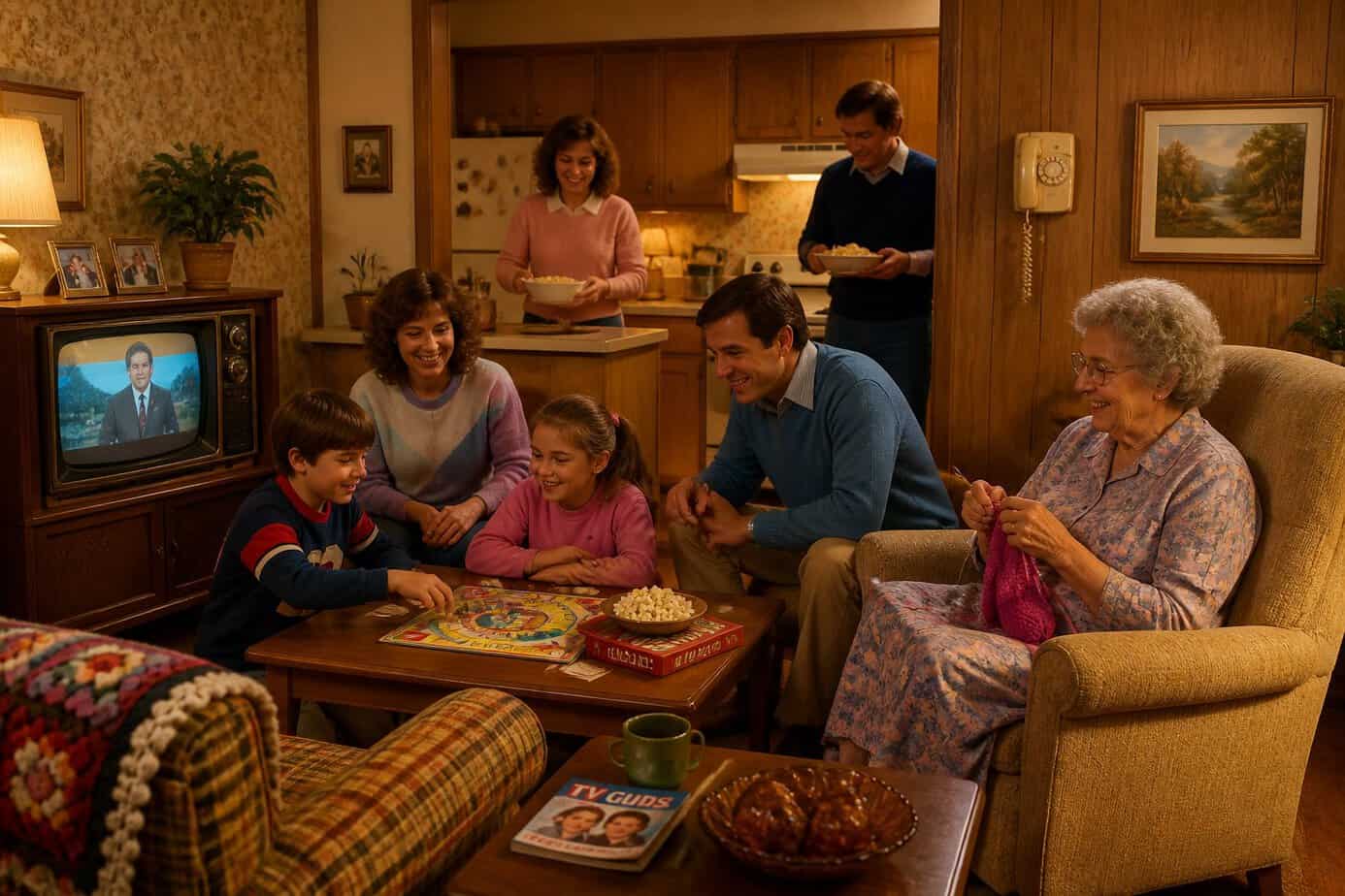 A family enjoying a cozy evening together in a 1980s living room, playing board games and sharing time in a warm, inviting home.