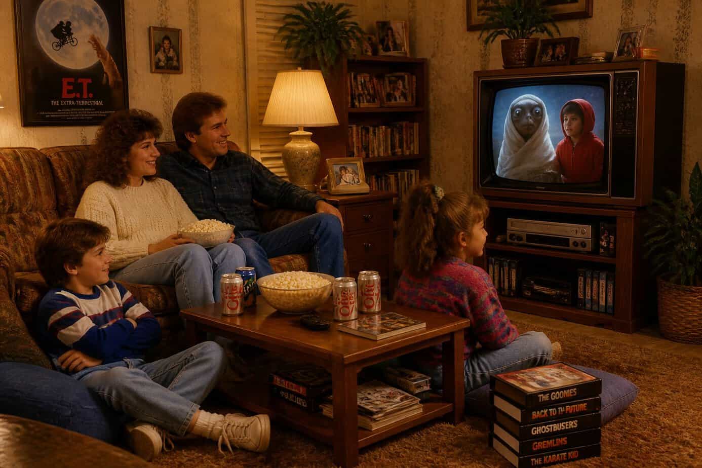 A family of four sitting together in a living room watching a VHS tape movie on an old television.