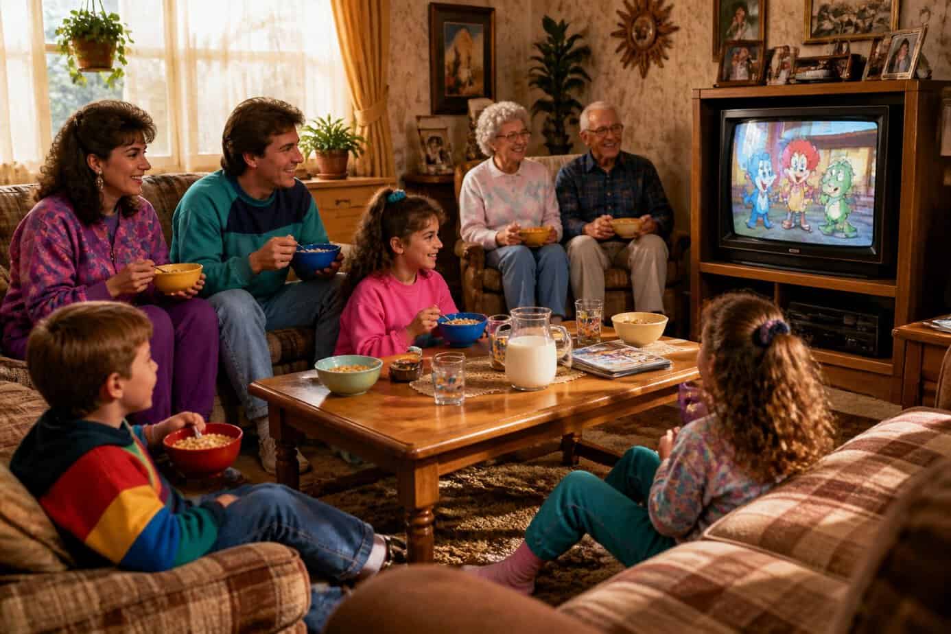 Family gathered in a living room watching cartoons and eating cereal on a Saturday morning.