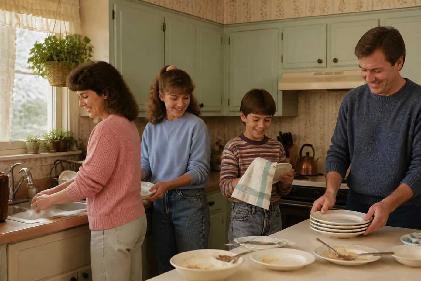 Family members working together washing and drying dishes in a kitchen after dinner.