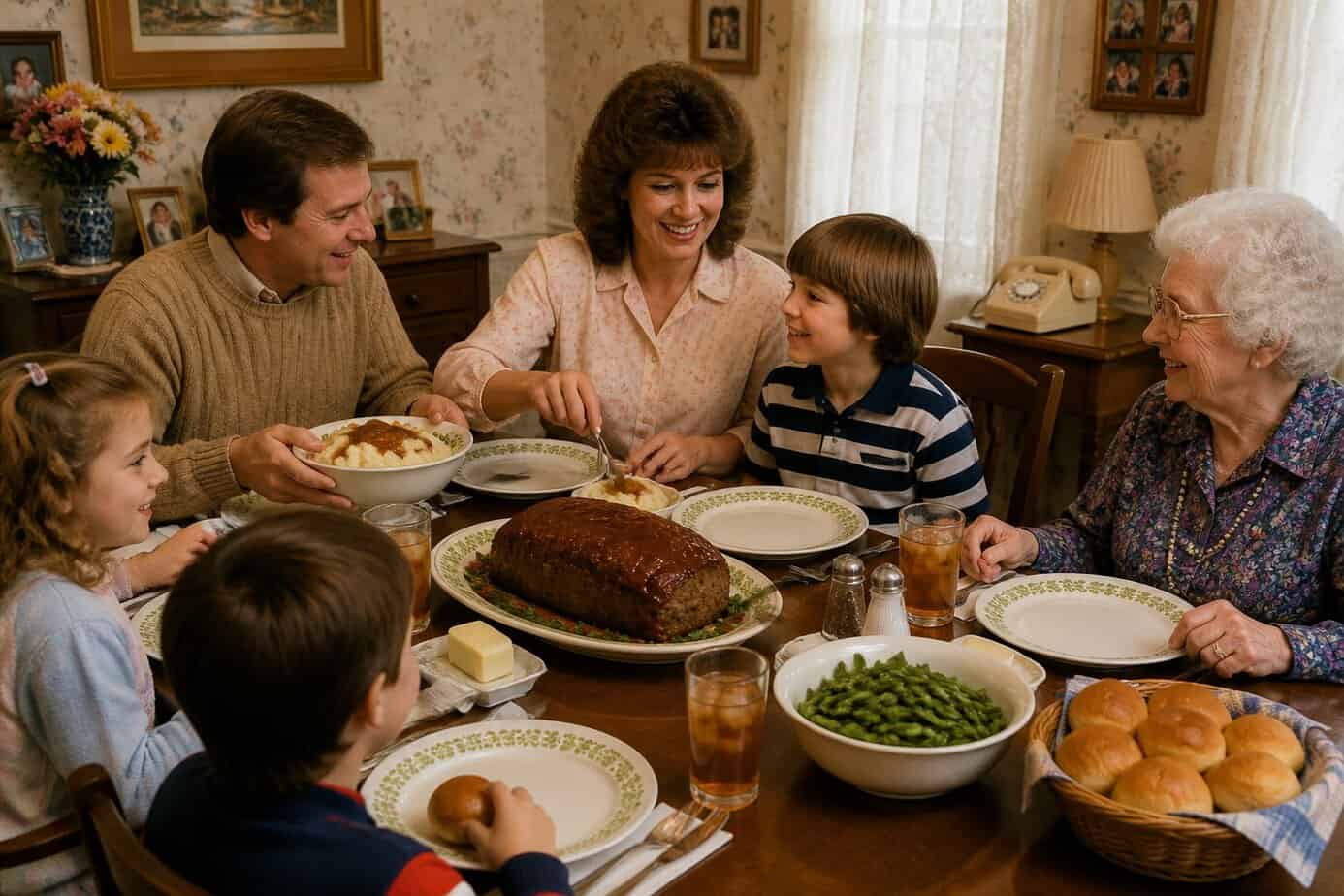 A family gathered around a wooden dining table enjoying a meatloaf dinner with traditional side dishes in a cozy home setting.