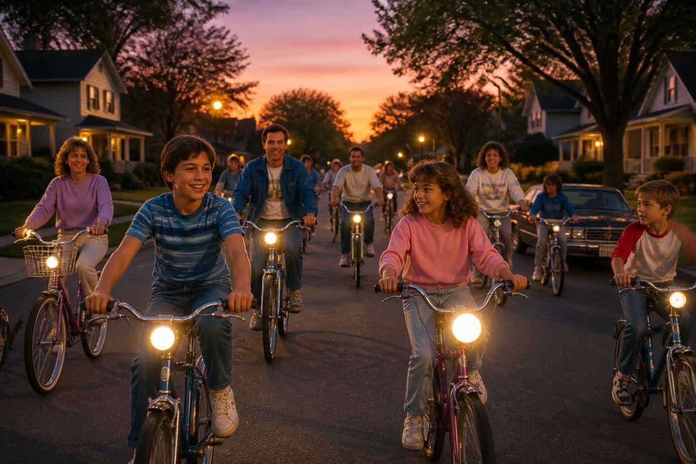 Children and adults riding bicycles with flashlights on a suburban street at dusk.