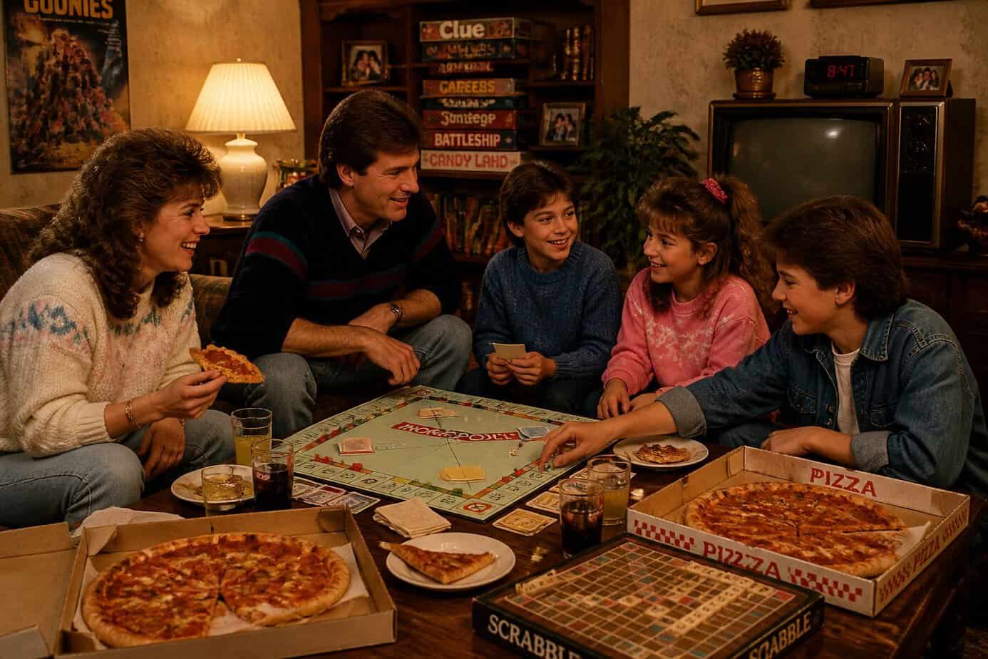 A family enjoying pizza and playing a board game together around a coffee table in a cozy living room.