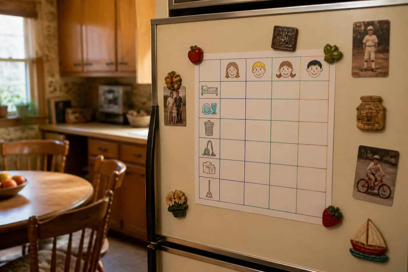 A family chore chart handwritten on paper attached to a refrigerator door in a warm kitchen.