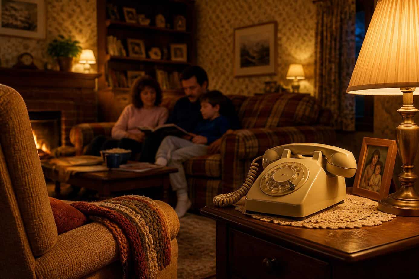 A cozy 1980s living room with a rotary phone on a side table and a family relaxing in the background.