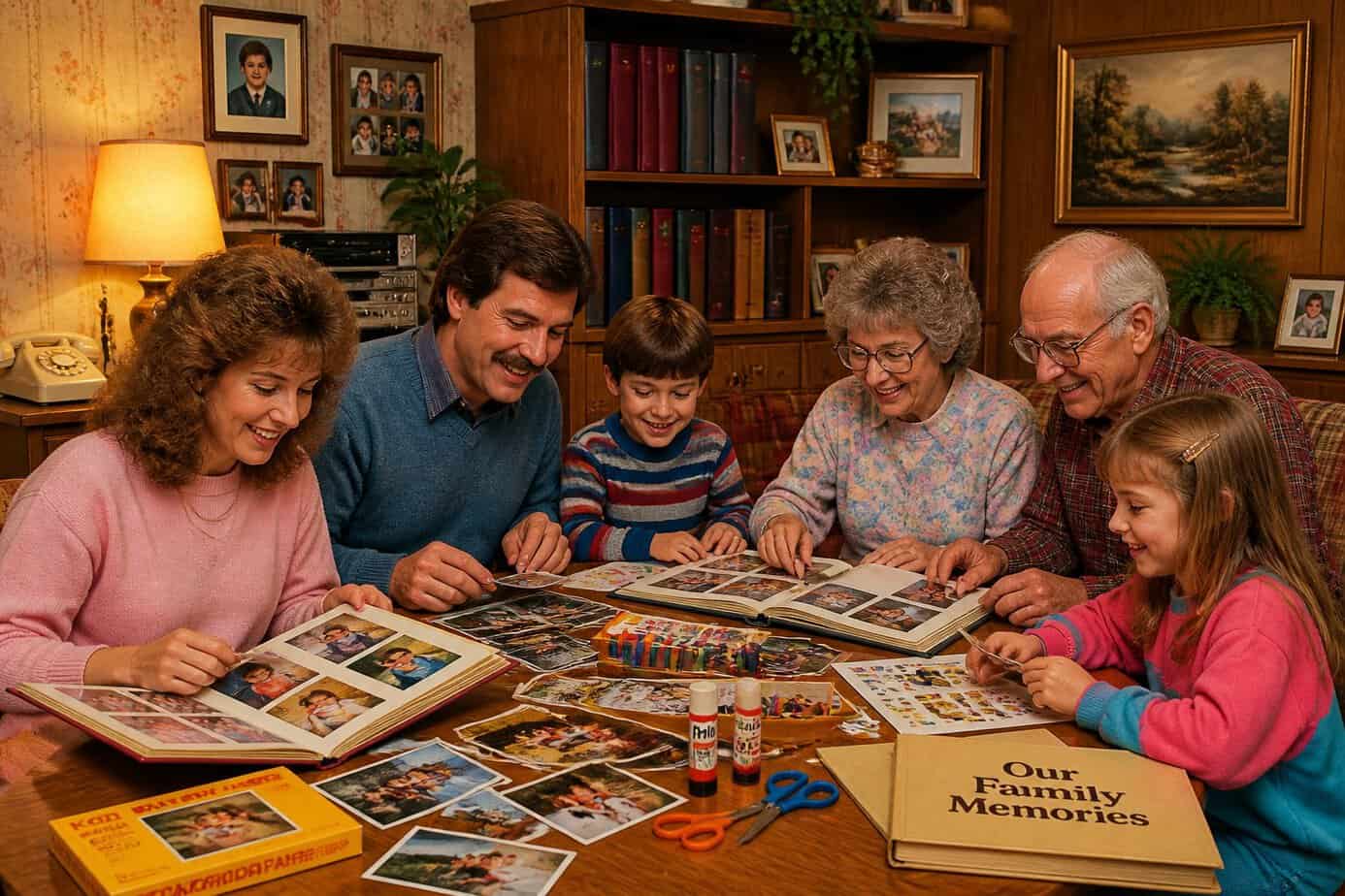 A multi-generational family gathered around a table assembling photo albums with printed photos and craft supplies in a cozy living room.