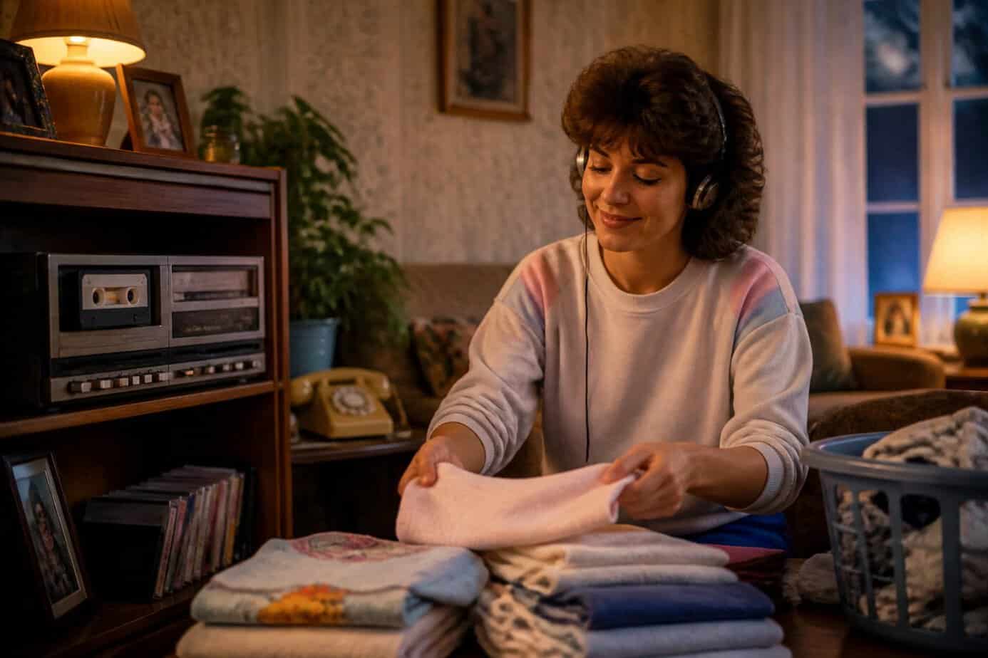 A person doing household chores in a living room while listening to music from a cassette player.