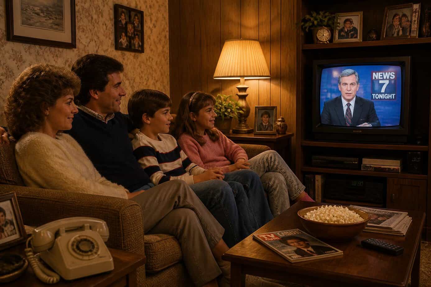 A family of four sitting together on a sofa watching the evening news on a vintage television in a cozy living room.