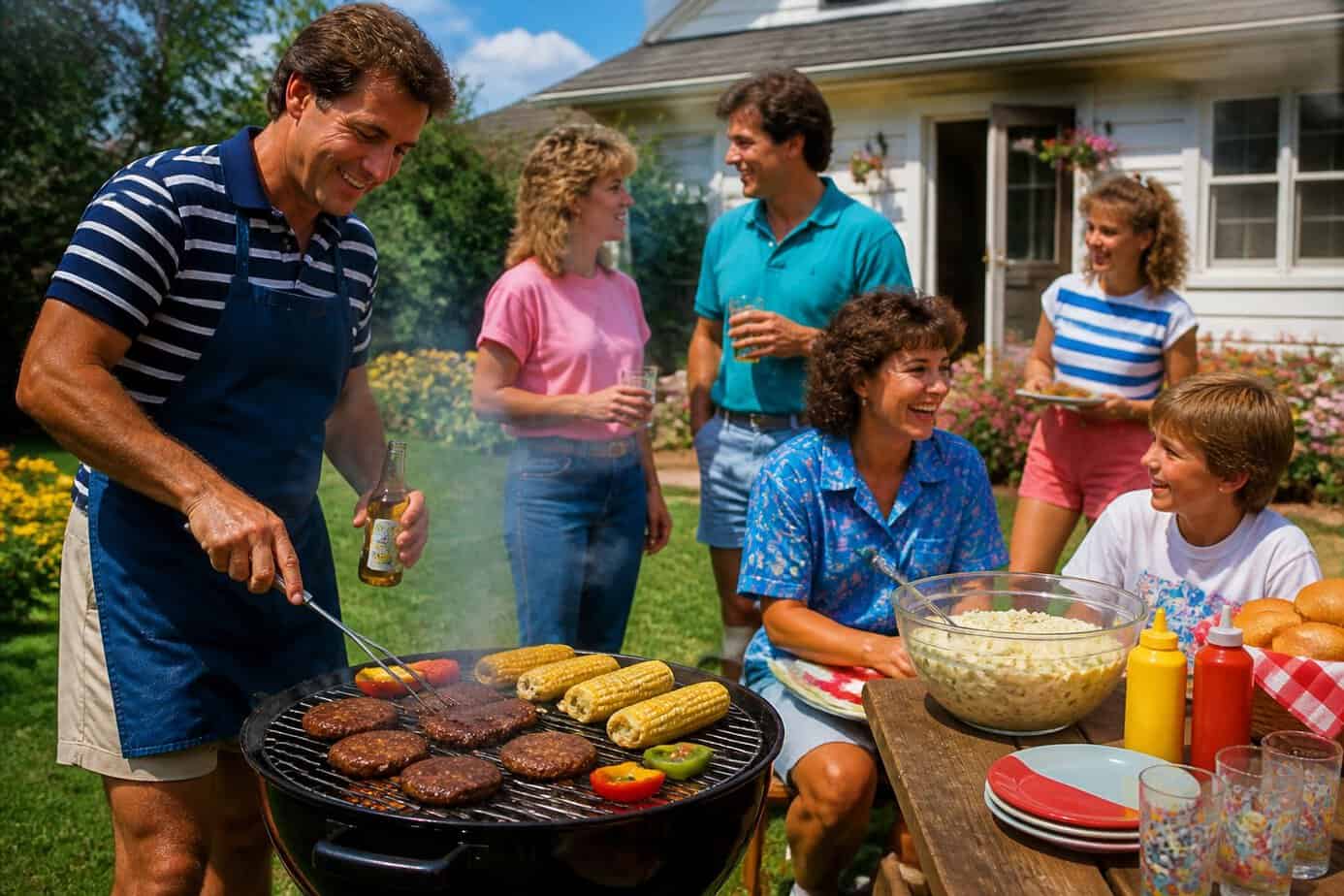 People enjoying a sunny backyard barbecue with a charcoal grill and a bowl of potato salad on a picnic table.