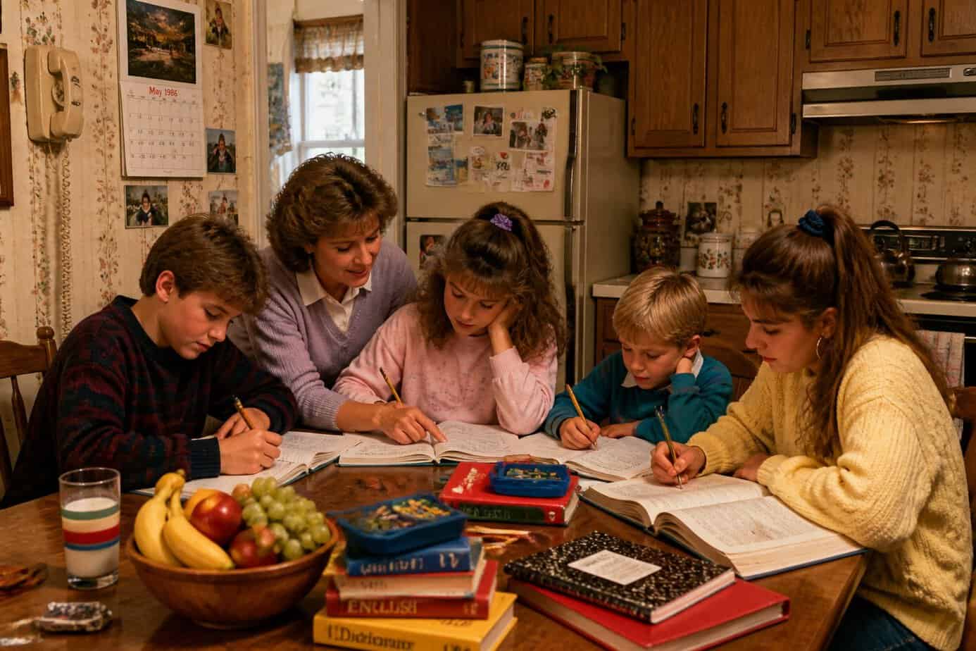 A family gathered around a kitchen table helping children with their homework in a cozy kitchen.