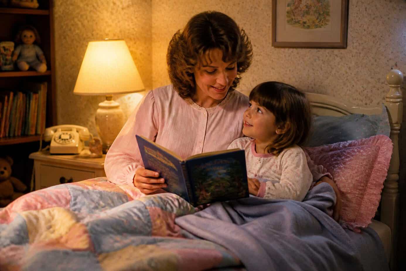 A parent reading a hardcover children's book aloud to a child at bedtime in a cozy, softly lit bedroom.
