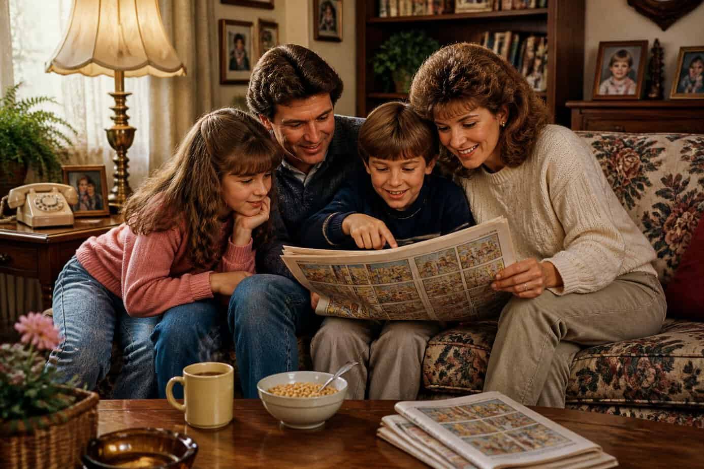 A family sitting together in a cozy living room, reading comic strips in the Sunday newspaper and enjoying a relaxed morning.