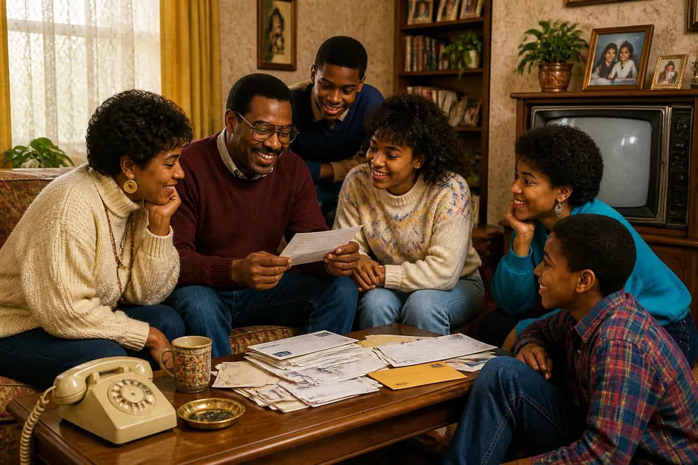 Family members gathered in a living room sorting mail, with one person reading a note aloud while others listen.