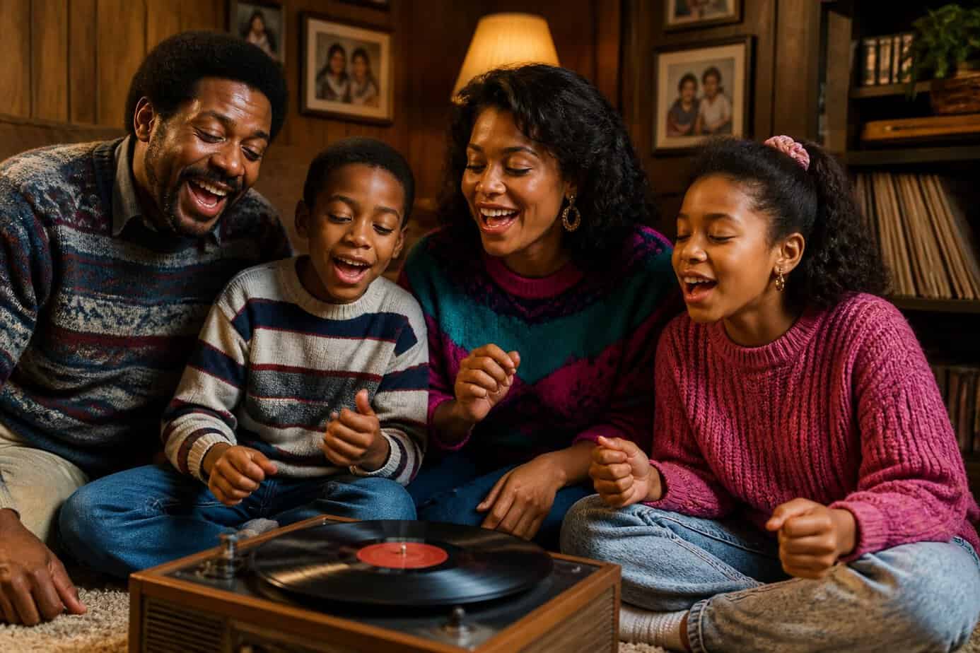 A family of four singing together around a vintage record or cassette player in a cozy living room.