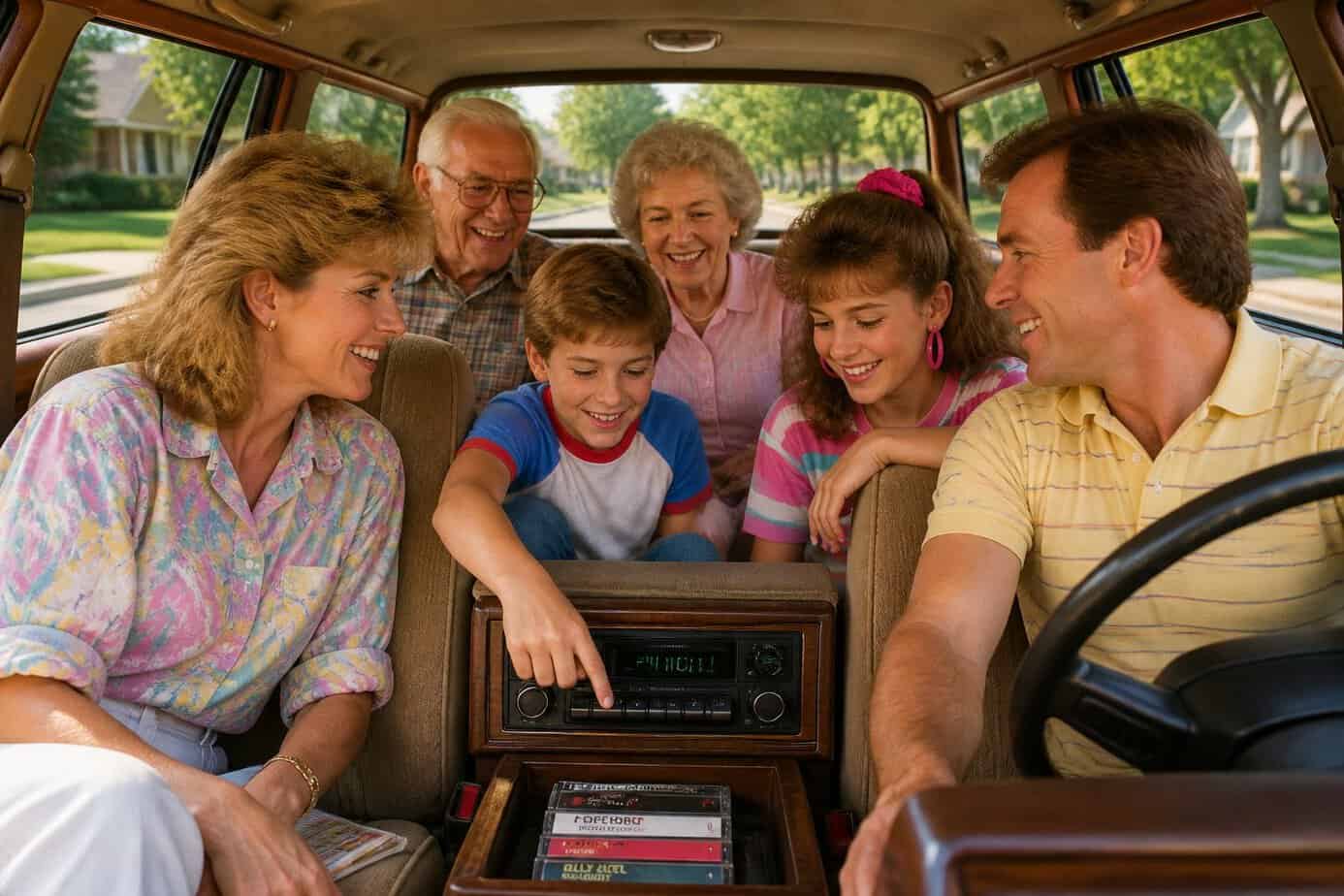 A family of multiple generations happily choosing songs together during a weekend car ride in a vintage station wagon.