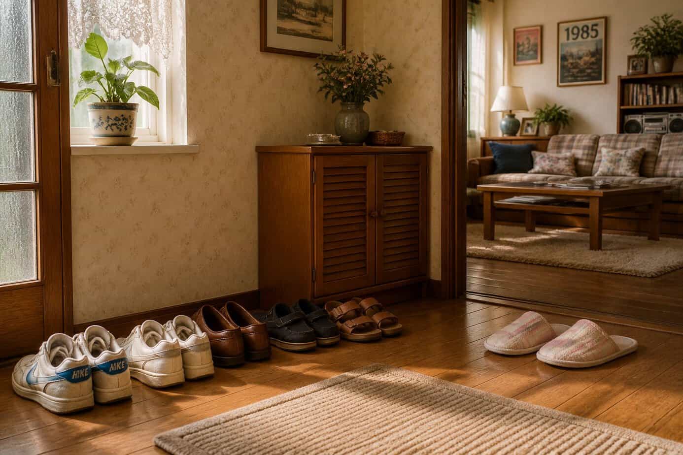 Shoes lined up by the door with slippers placed nearby in a cozy home entryway.