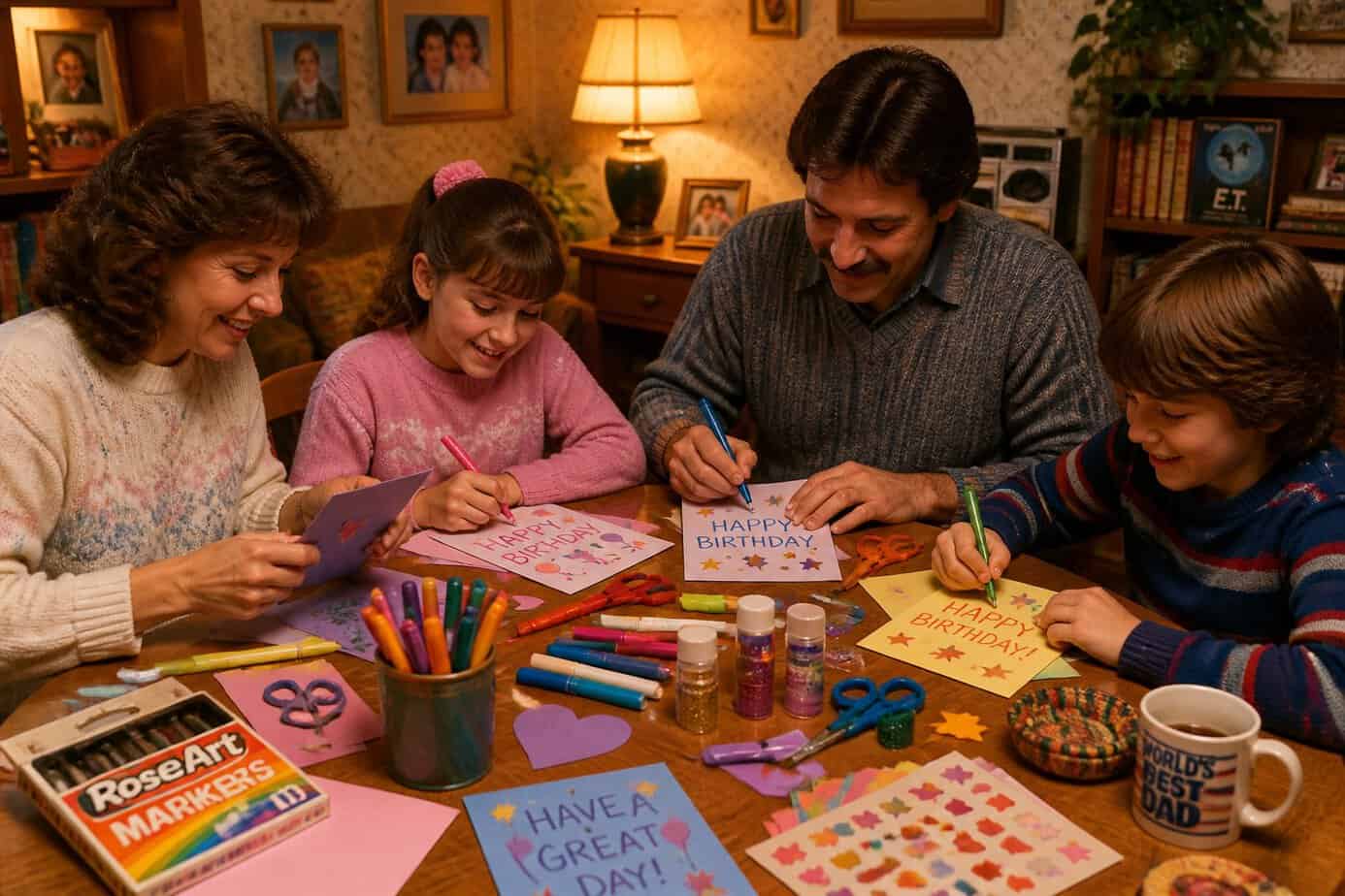 A family sitting around a table making birthday cards with markers and glitter in a cozy living room.