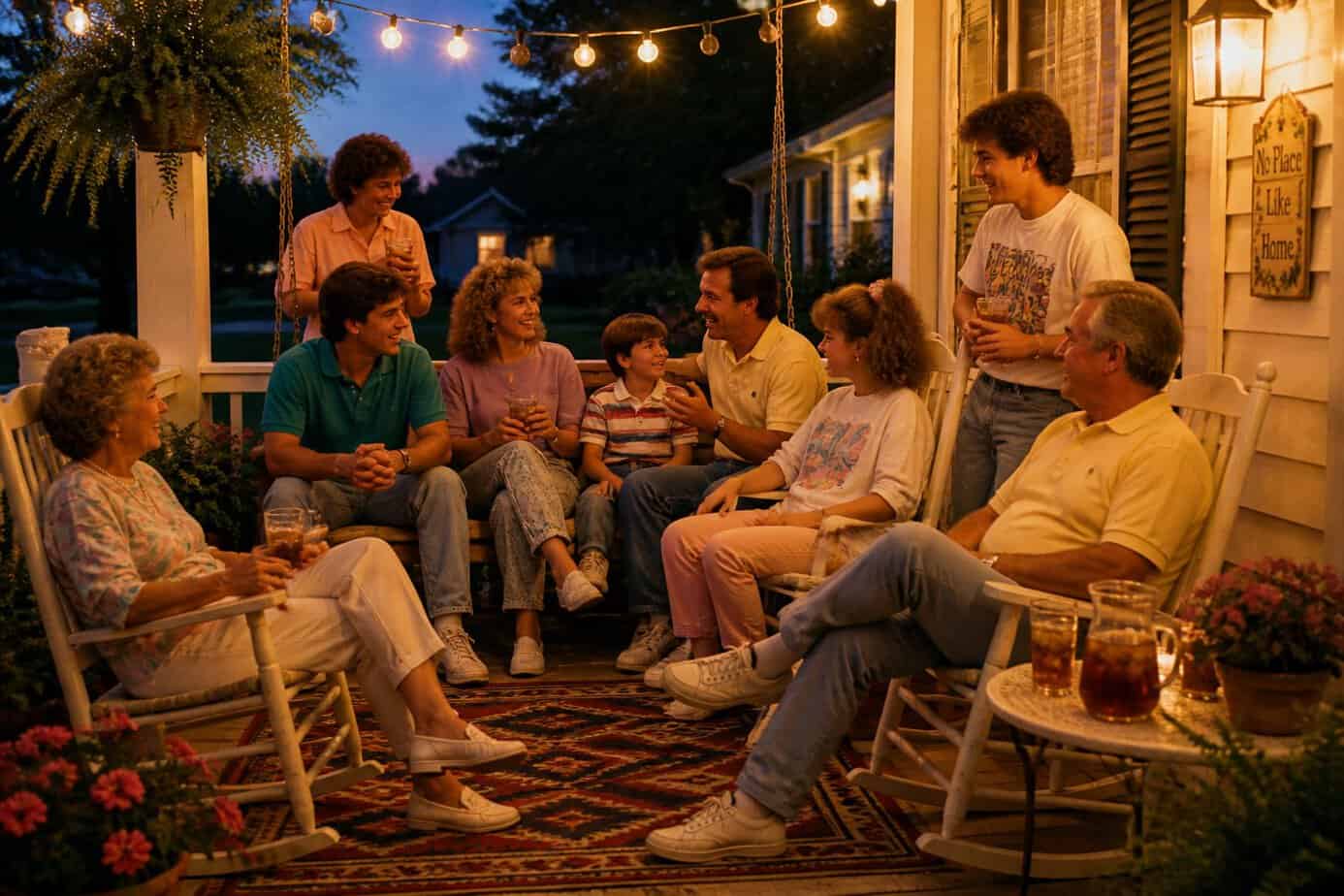 A family and friends sitting and chatting together on a porch in the evening after dinner.
