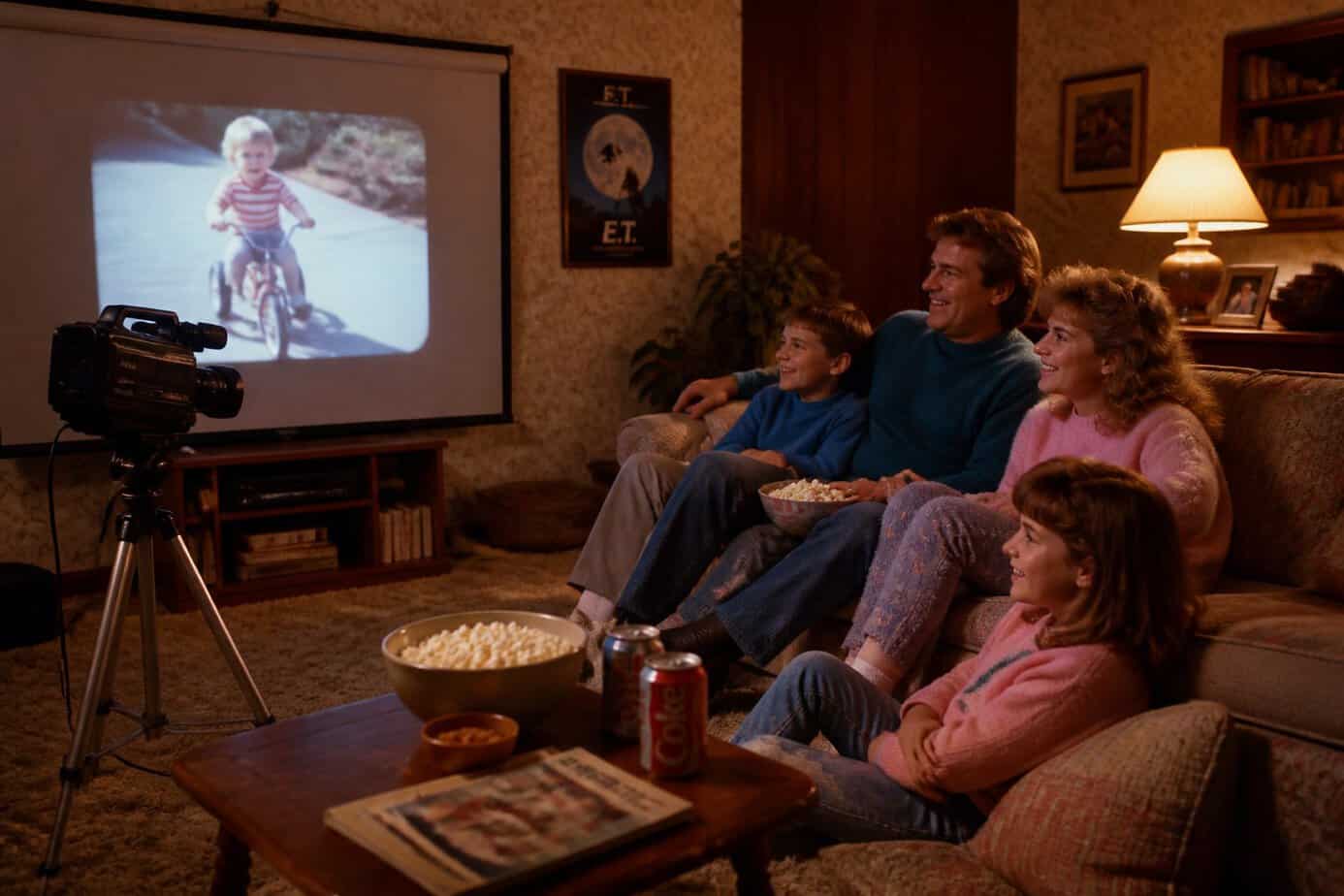 A family sitting together in a living room watching home movies with a camcorder set up nearby.