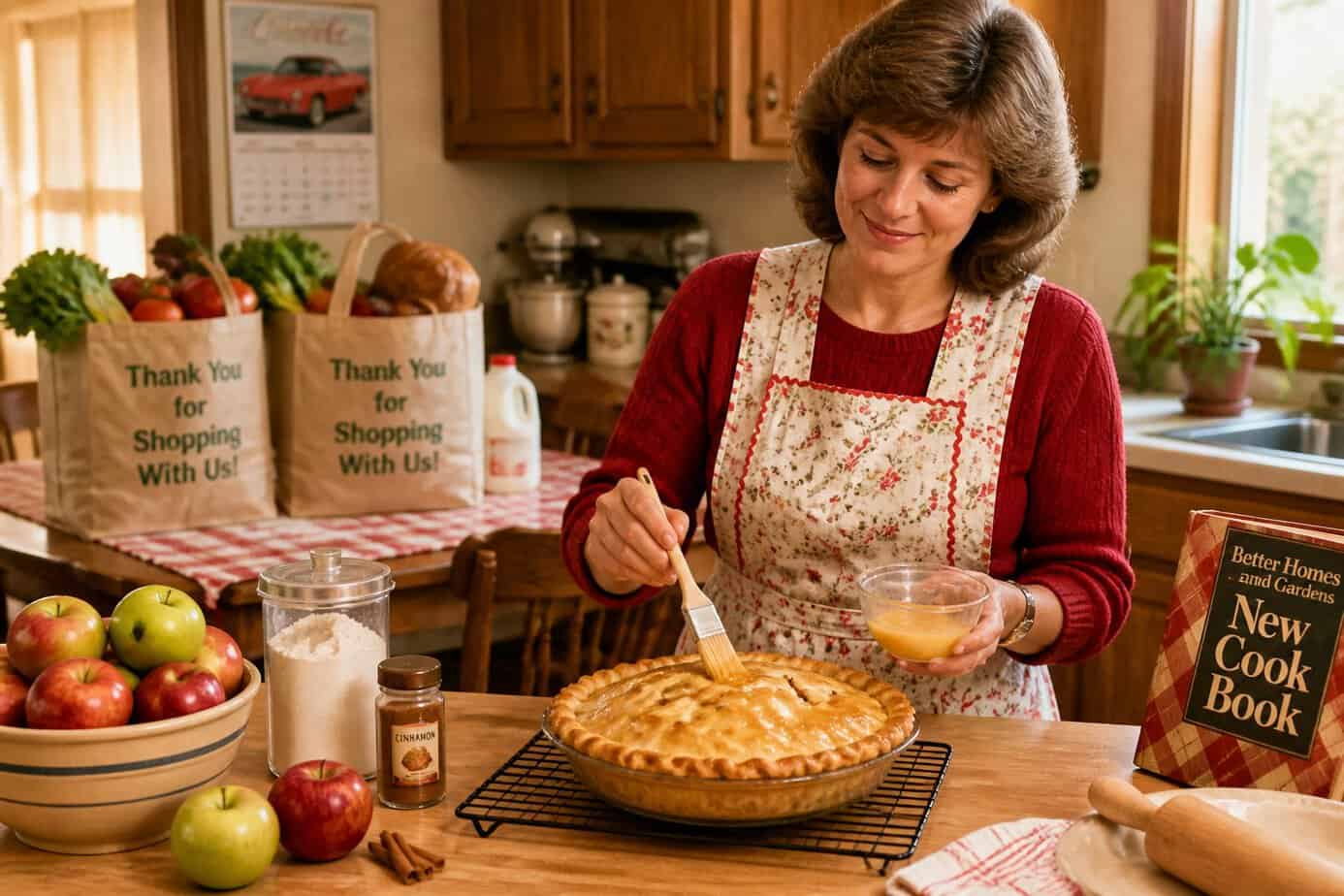 A person brushing an apple pie crust in a kitchen with fresh apples and grocery bags on the table.