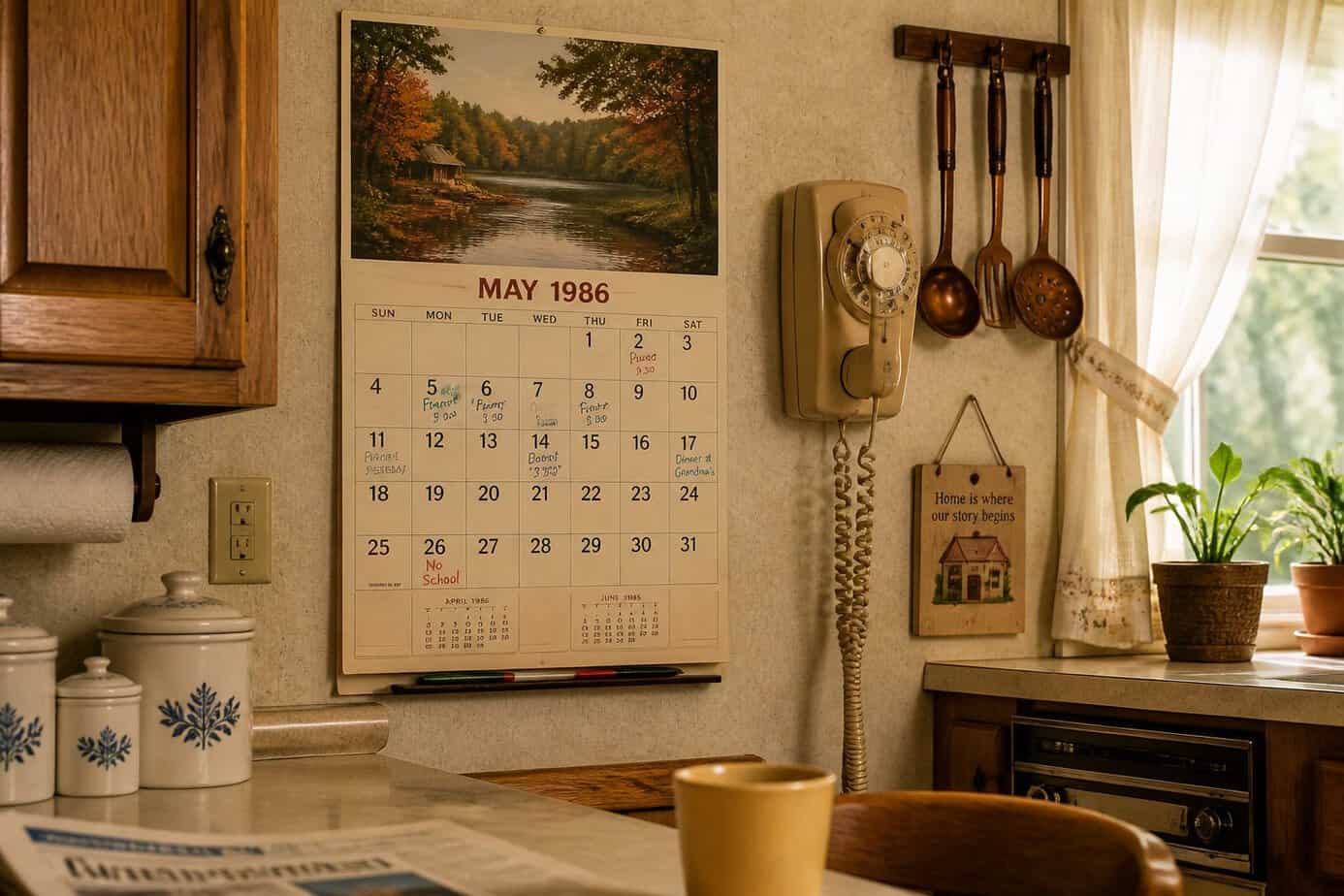 A kitchen wall with a paper calendar filled with handwritten notes, surrounded by vintage 1980s kitchen items including wood cabinets and a rotary phone.