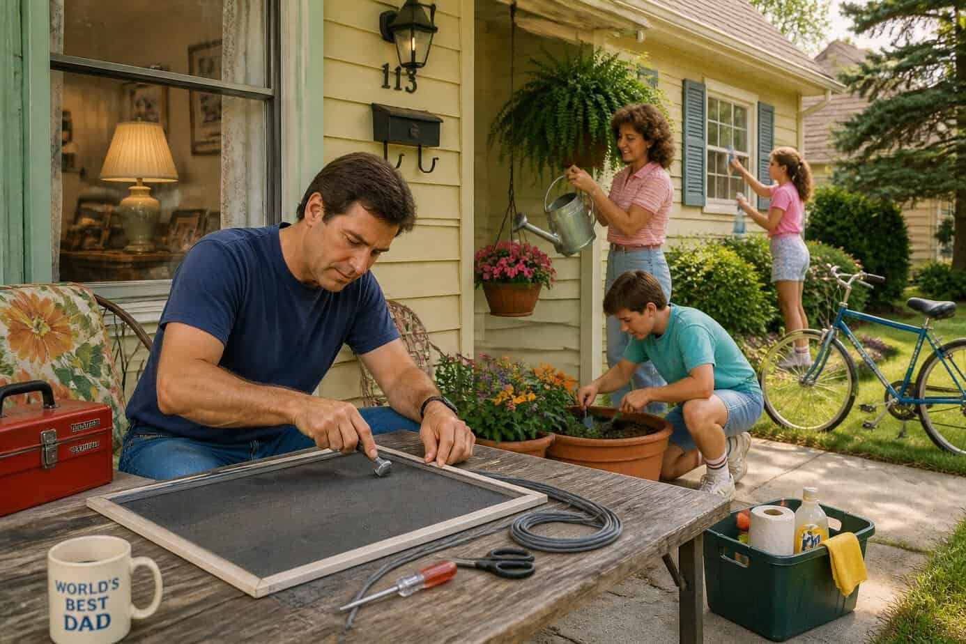 A man repairing a window screen on a porch while a woman and children take care of plants outside a suburban home on a sunny morning.