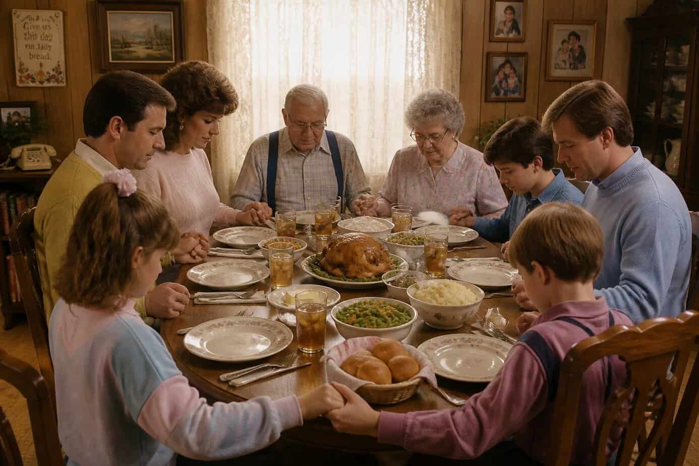 A multi-generational family holding hands and bowing their heads in prayer around a dining table before a meal.