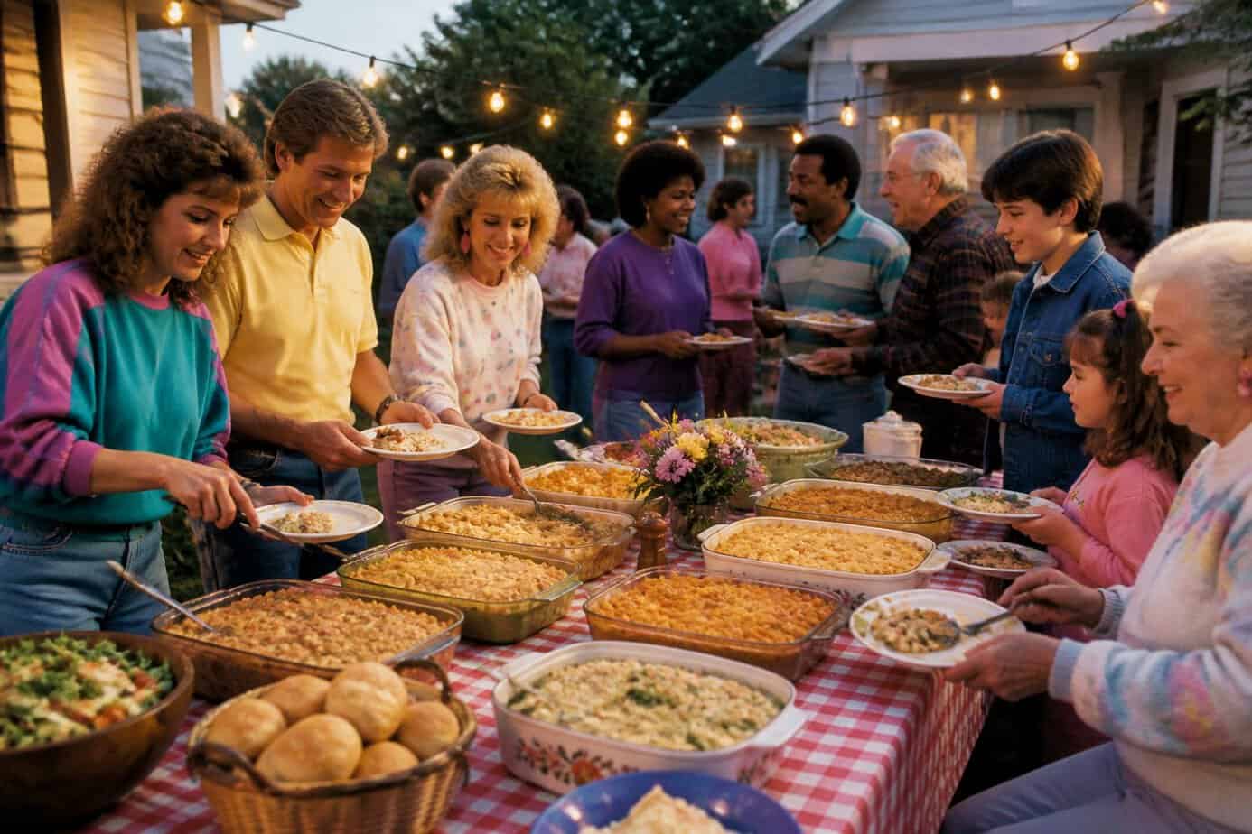 Neighbors of different ages enjoying a potluck outdoors around a table filled with casserole dishes and salads in a suburban backyard.