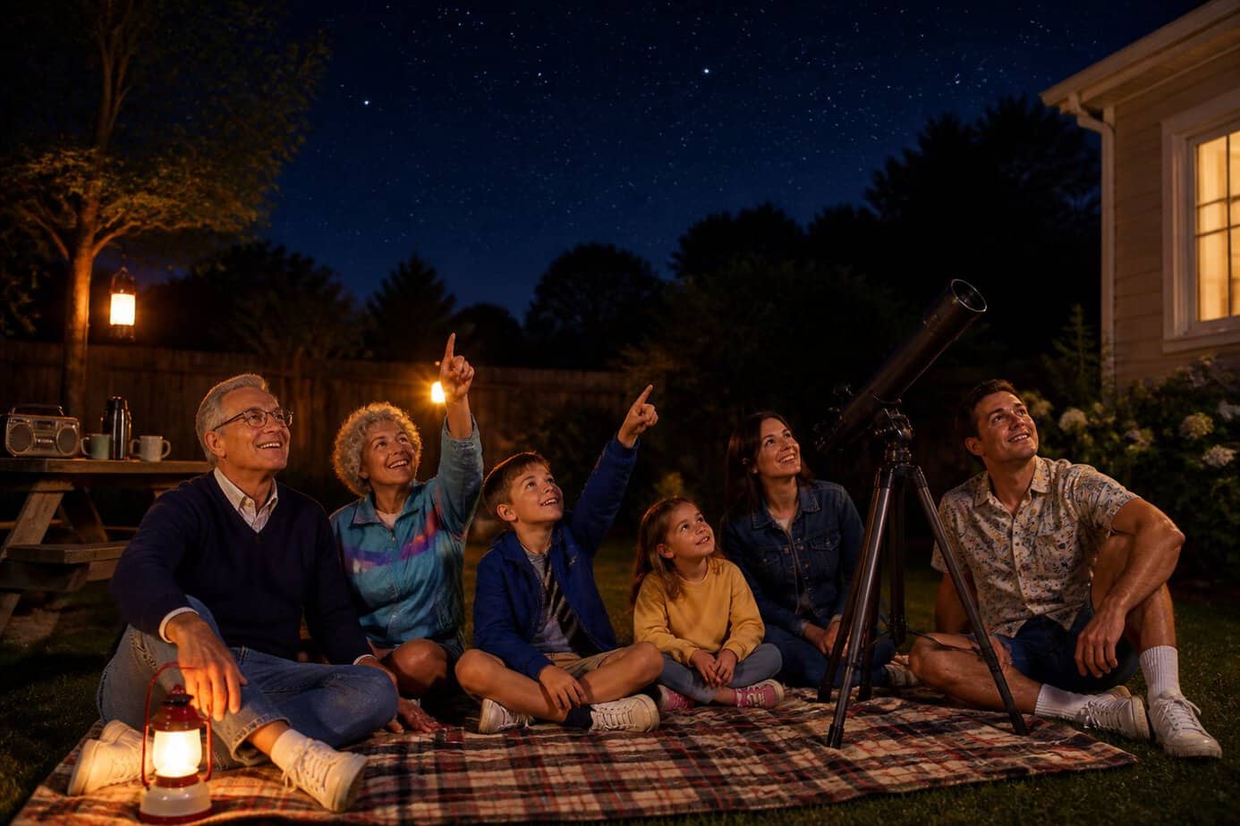 A family of three generations gathered in a backyard at night, sitting on a blanket and using a telescope to look at stars under a clear sky.