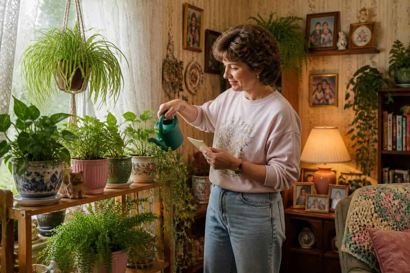 A person watering houseplants on a wooden shelf in a cozy living room filled with vintage decor and natural light.