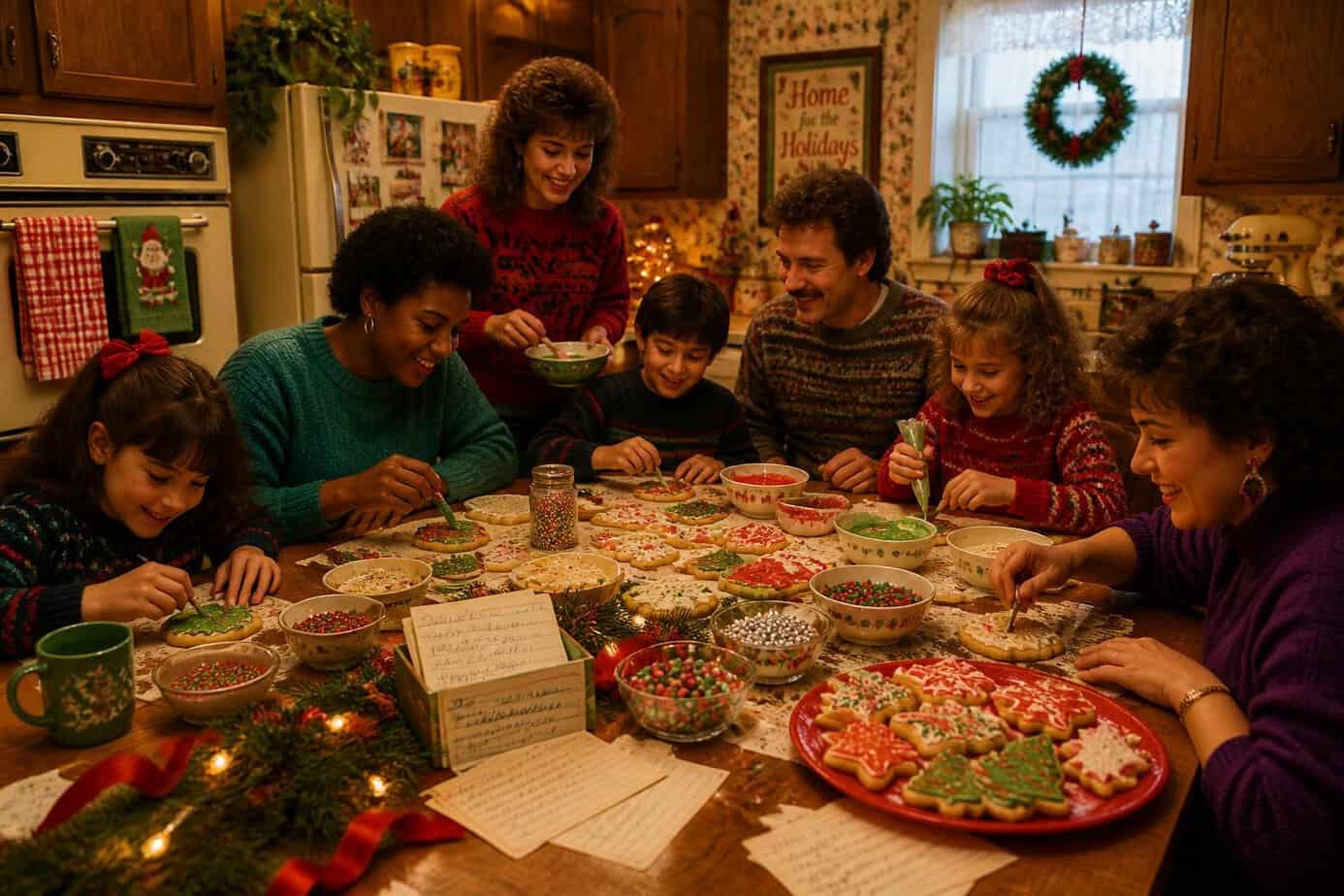 Family and friends decorating holiday cookies together around a festive table in a cozy kitchen.