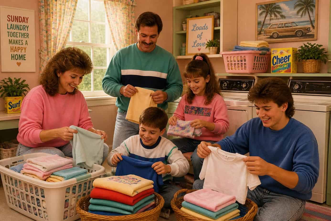 A family folding laundry together in a cozy laundry room, smiling and enjoying the activity.