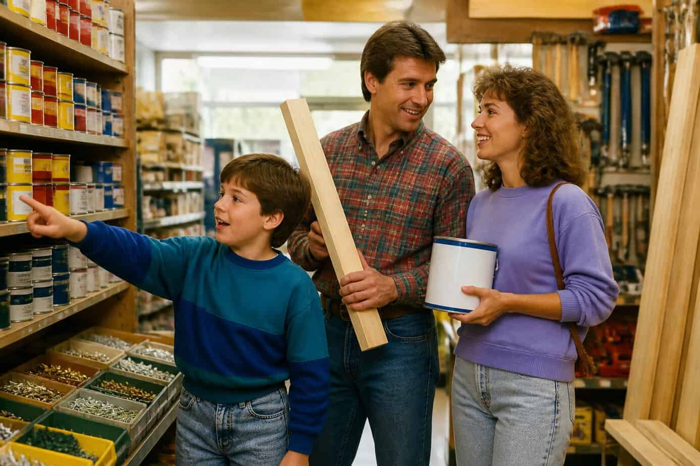 A family of three shopping together in a hardware store, selecting tools and supplies for a DIY project.