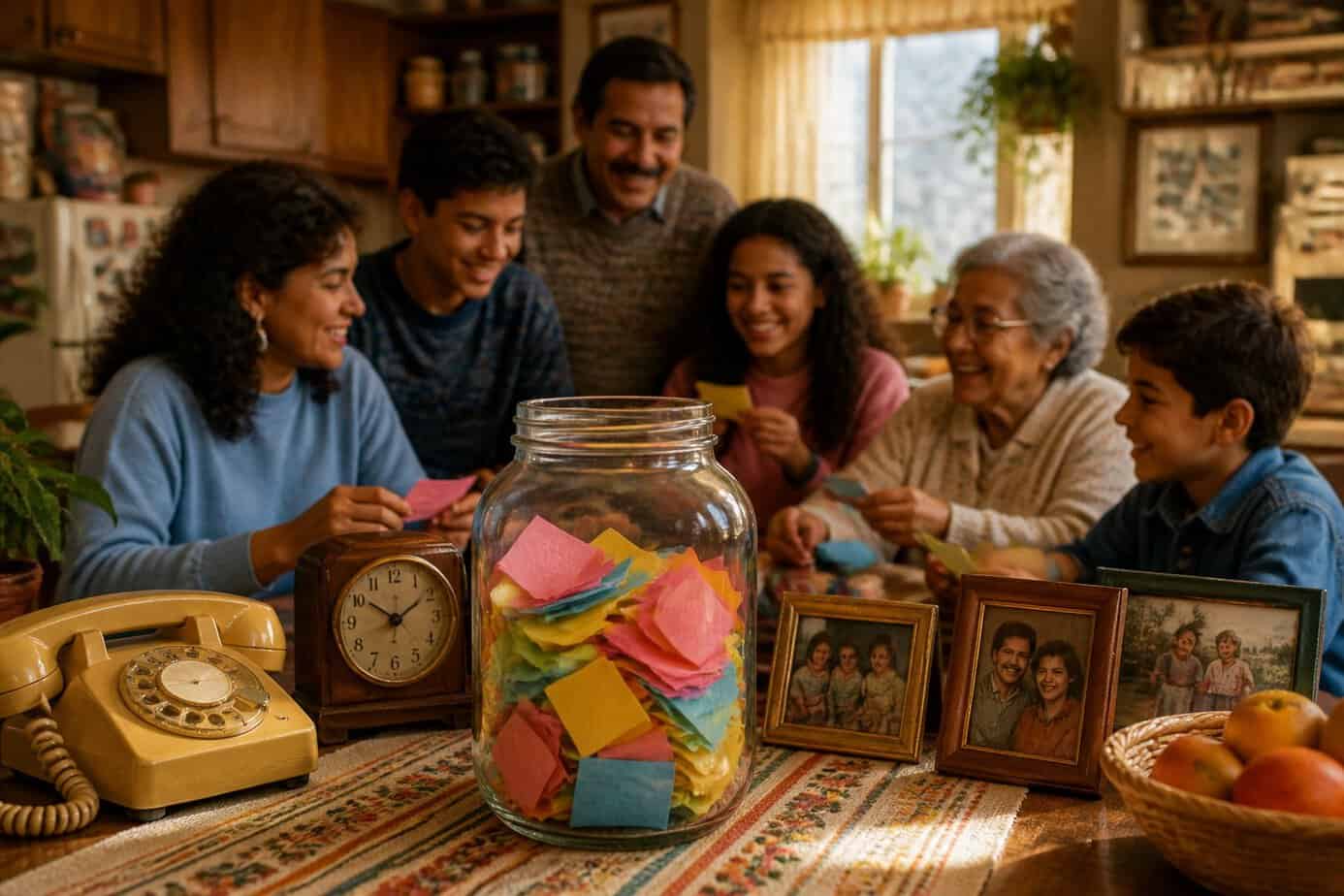A family gathered around a wooden table with a mason jar filled with colorful paper slips, symbolizing shared weekend ideas in a cozy kitchen.